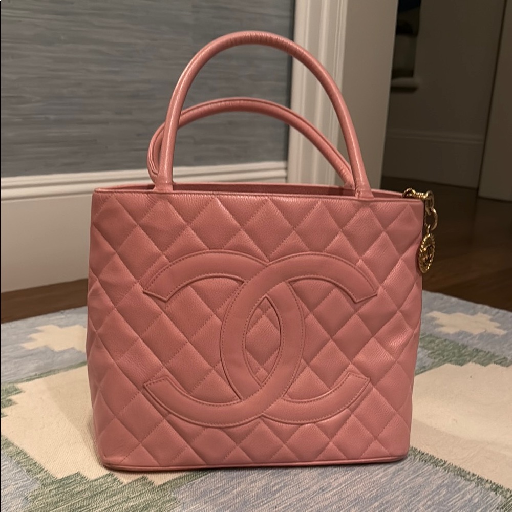 CHANEL Pink Quilted Tote with Gold Hardware Caviar Medallion